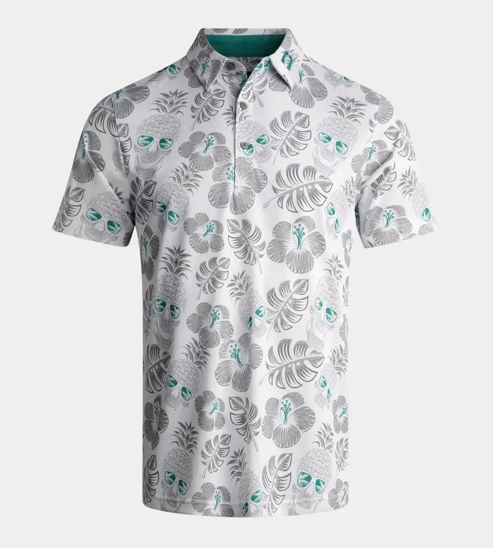 a871f0abd70a68de3d5d39d2a0aa1425a05a0709 PINEAPPLE SKULLZ POLO - WHITE / TEAL - Image 1