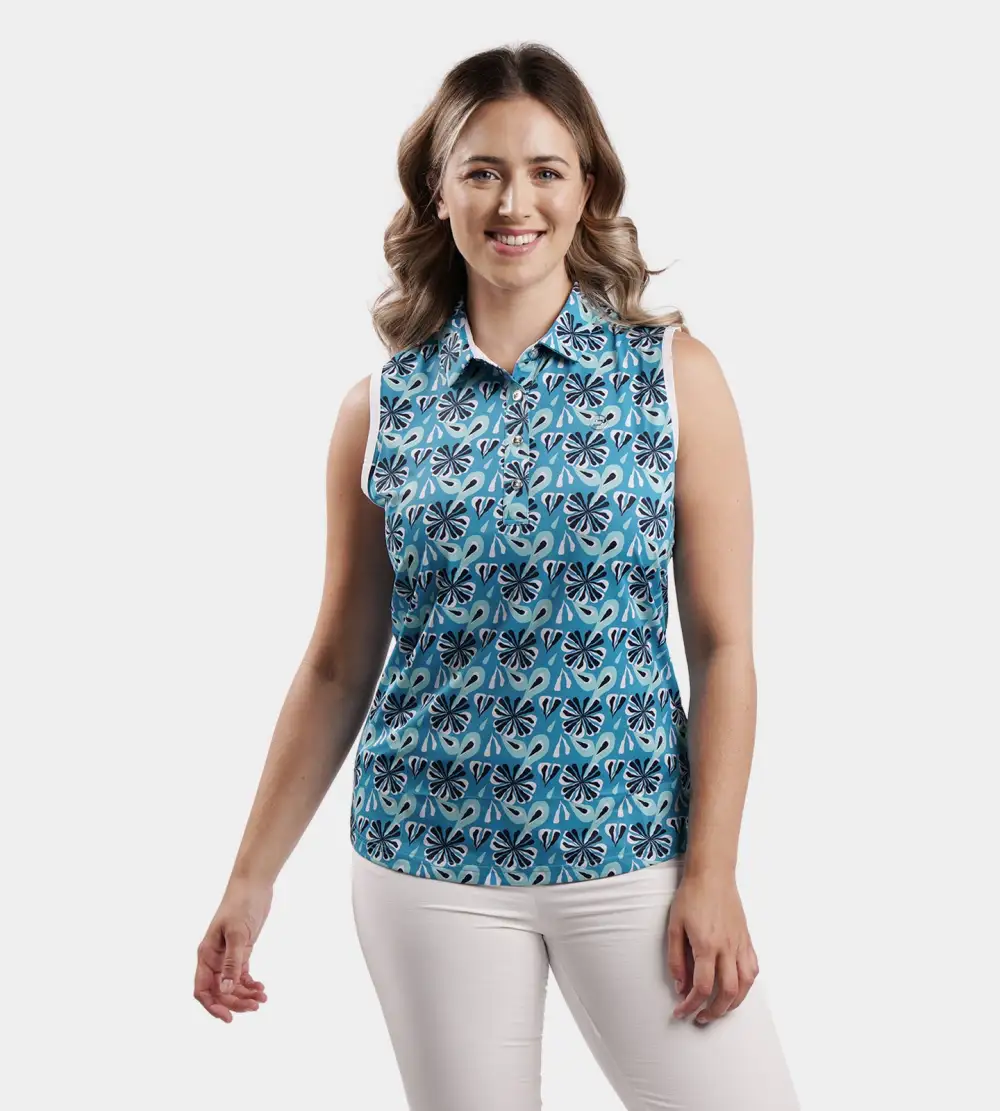 d454ad720cf48a3debec2db163b13eb806a8876f LADIES FLORAL SLEEVELESS POLO - TEAL - Image 1