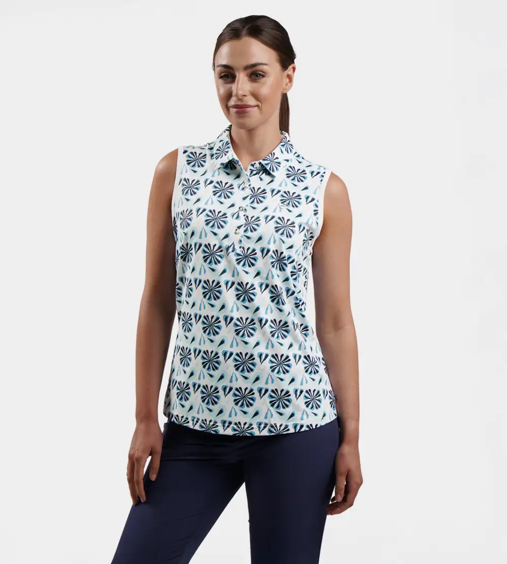 ff120c27bfccf2fdd506b6101b2e052dd7f37c33 LADIES FLORAL SLEEVELESS POLO - BLUE - Image 1
